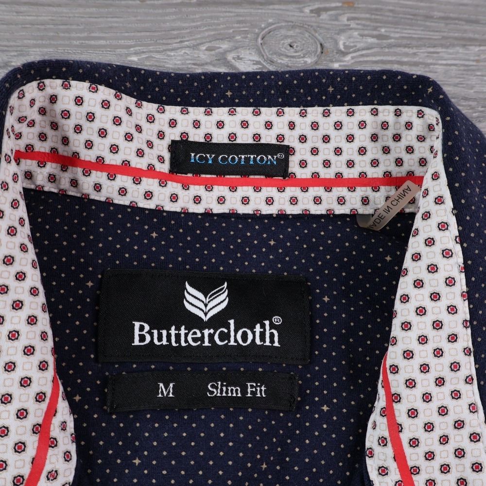 Buttercloth Icy Cotton Men's Medium Slim Fit Navy Polka Dot Button Up Shirt - Picture 2 of 6